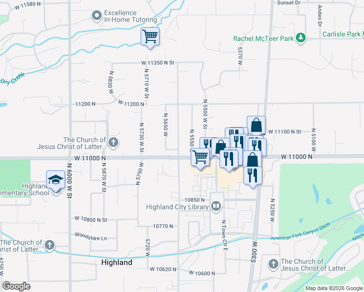 map of restaurants, bars, coffee shops, grocery stores, and more near 11042 North 5600 West in Highland