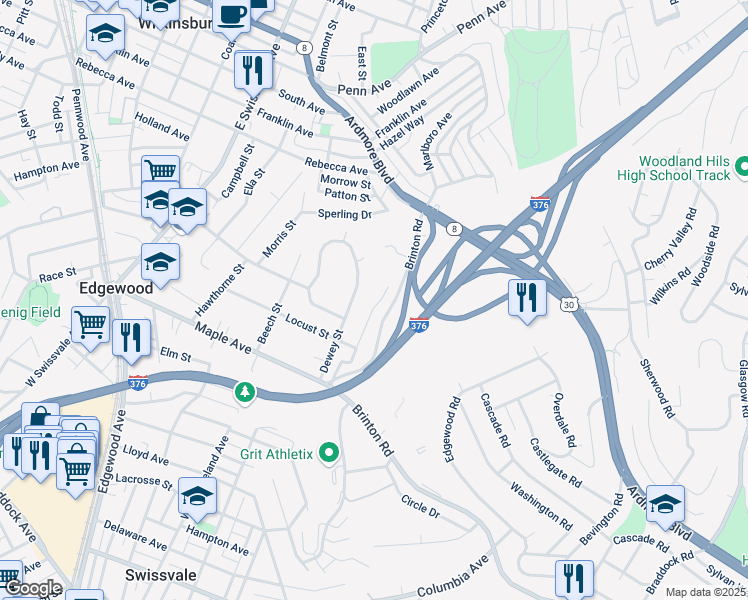 map of restaurants, bars, coffee shops, grocery stores, and more near 101 Mckelvey Avenue in Pittsburgh