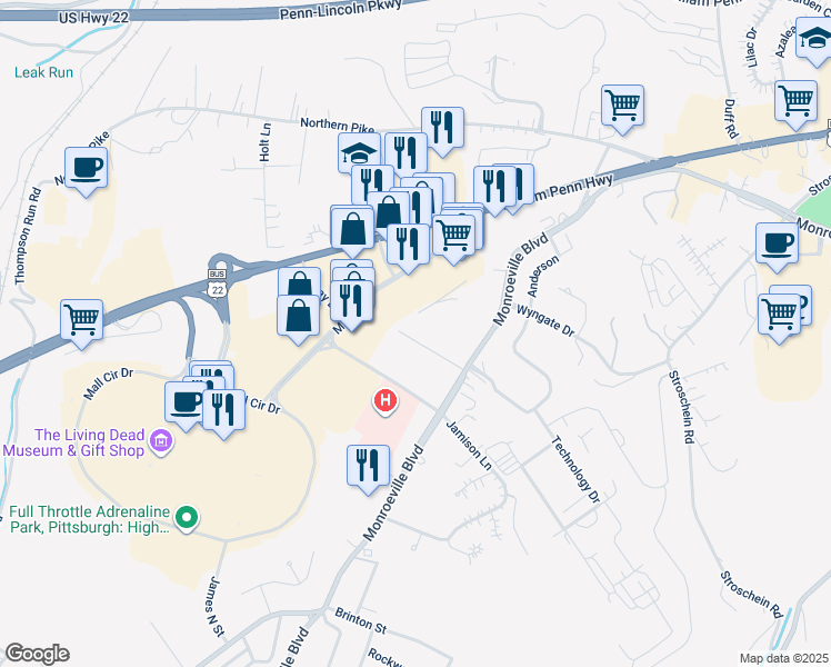 map of restaurants, bars, coffee shops, grocery stores, and more near 100 Oxford Drive in Monroeville