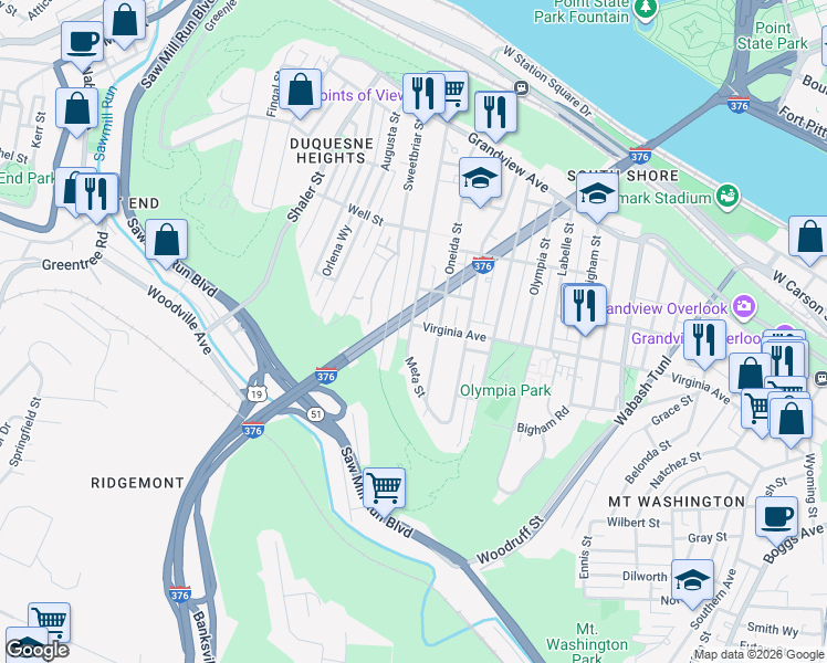 map of restaurants, bars, coffee shops, grocery stores, and more near 415 Plymouth Street in Pittsburgh