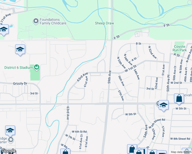 map of restaurants, bars, coffee shops, grocery stores, and more near 9 West 1st Street in Greeley