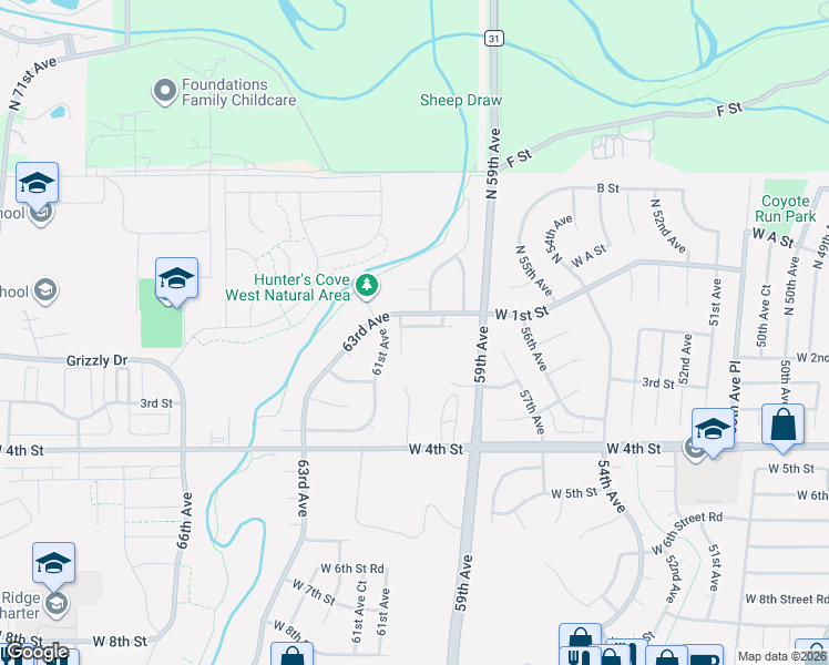 map of restaurants, bars, coffee shops, grocery stores, and more near 9 West 1st Street in Greeley