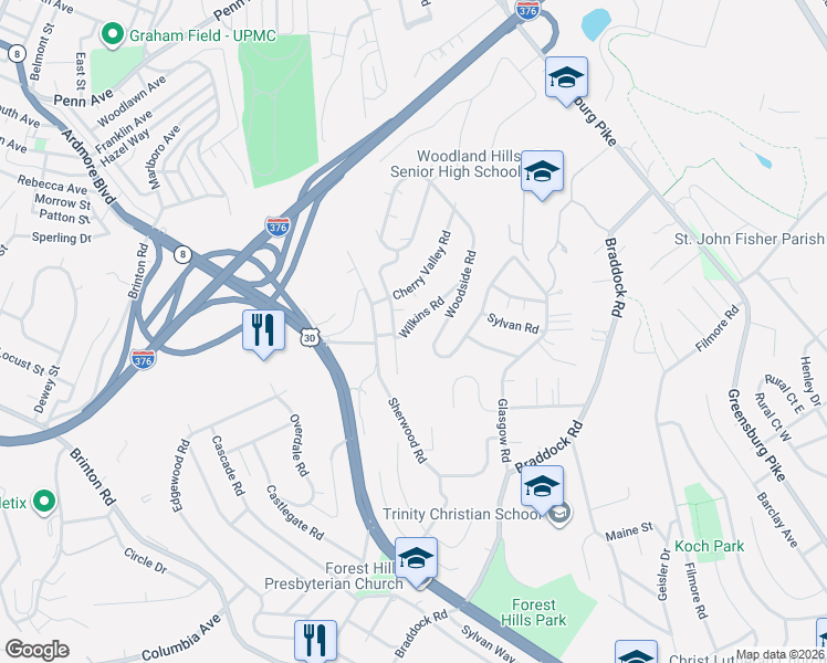 map of restaurants, bars, coffee shops, grocery stores, and more near 6 Wilkins Road in Pittsburgh