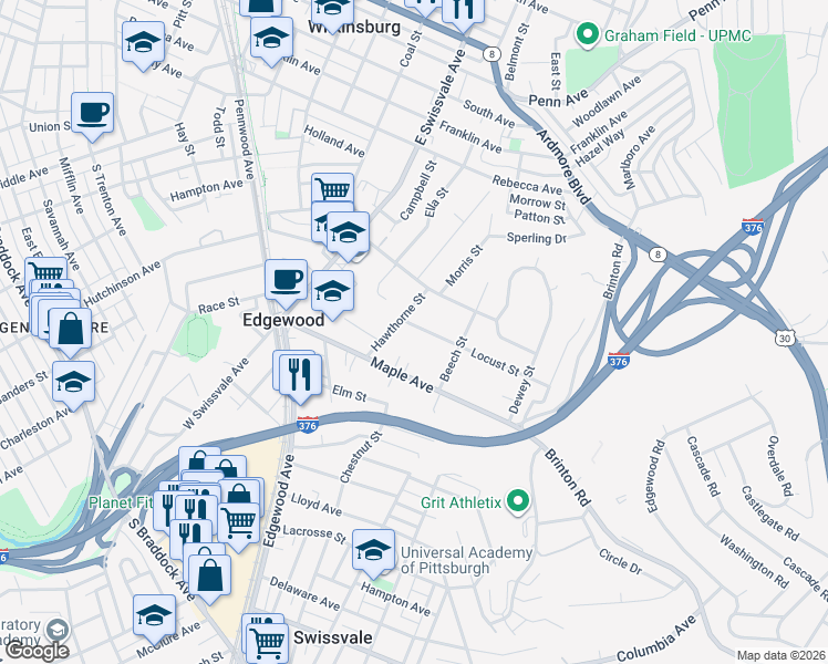 map of restaurants, bars, coffee shops, grocery stores, and more near 318 Locust Street in Pittsburgh