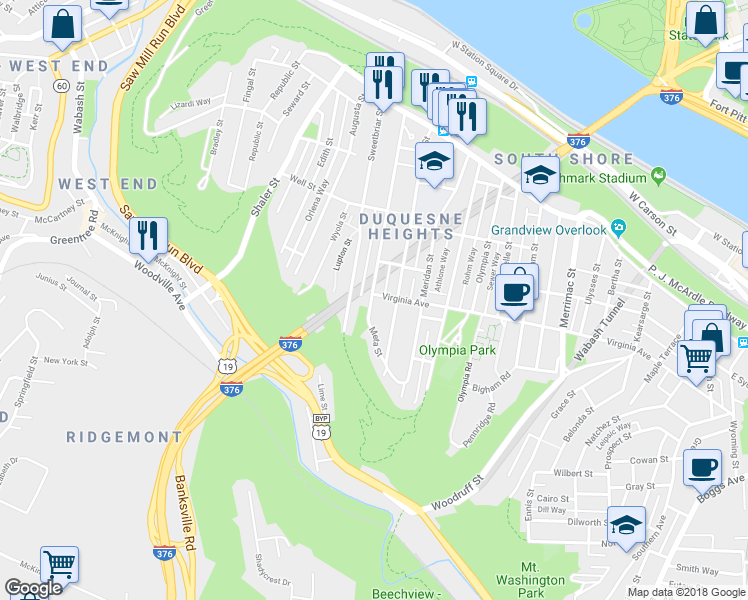 map of restaurants, bars, coffee shops, grocery stores, and more near 415 Plymouth Street in Pittsburgh