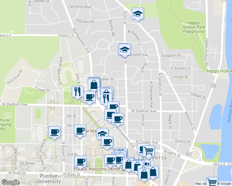 map of restaurants, bars, coffee shops, grocery stores, and more near 420 Evergreen Street in West Lafayette