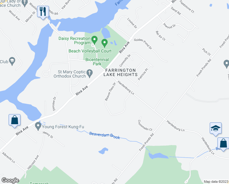 map of restaurants, bars, coffee shops, grocery stores, and more near 5 Beaver Dam Drive in East Brunswick