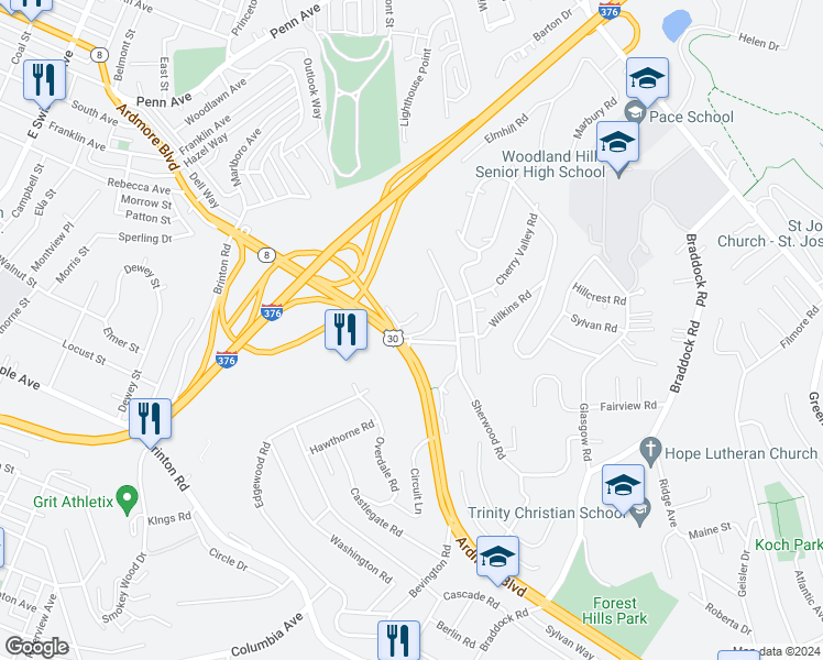 map of restaurants, bars, coffee shops, grocery stores, and more near 7 Bryn Mawr Road in Pittsburgh