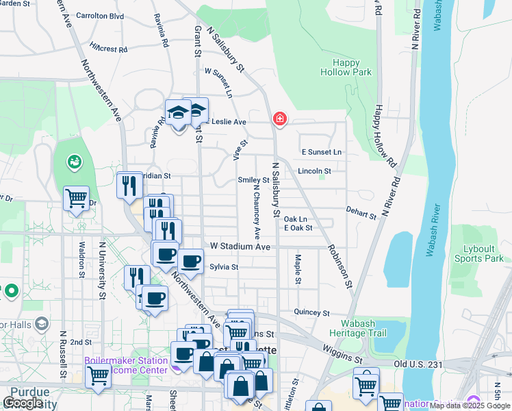 map of restaurants, bars, coffee shops, grocery stores, and more near 727 North Chauncey Avenue in West Lafayette