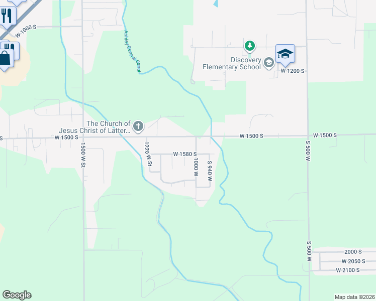 map of restaurants, bars, coffee shops, grocery stores, and more near 1032 West 1580 South in Vernal