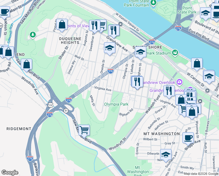 map of restaurants, bars, coffee shops, grocery stores, and more near 1110 Virginia Avenue in Pittsburgh