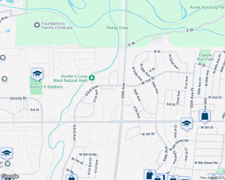 map of restaurants, bars, coffee shops, grocery stores, and more near 9 West 1st Street in Greeley