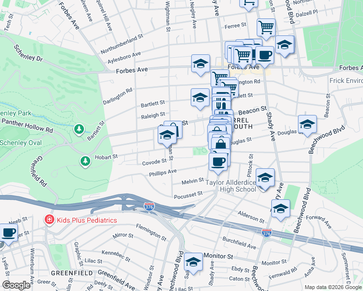 map of restaurants, bars, coffee shops, grocery stores, and more near 5619 Hobart Street in Pittsburgh