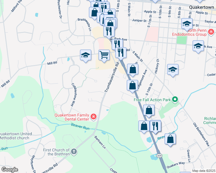 map of restaurants, bars, coffee shops, grocery stores, and more near 86 Trumbauersville Road in Quakertown