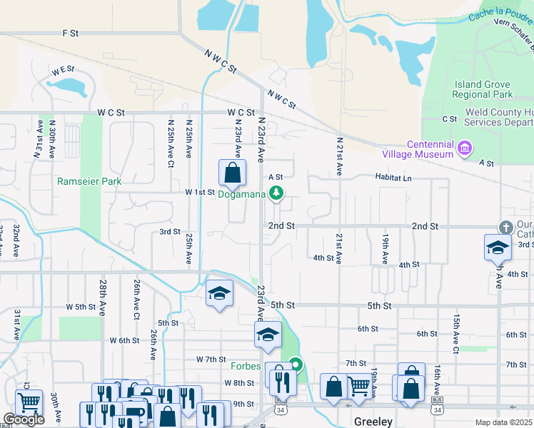 map of restaurants, bars, coffee shops, grocery stores, and more near 140 23rd Avenue in Greeley