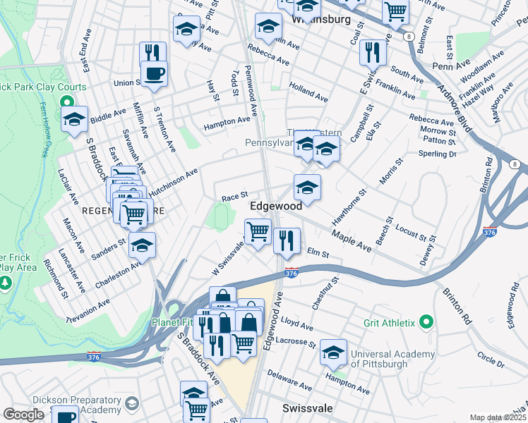 map of restaurants, bars, coffee shops, grocery stores, and more near in Edgewood