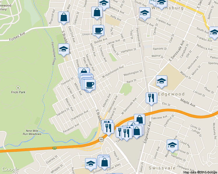 map of restaurants, bars, coffee shops, grocery stores, and more near 471 Allenby Avenue in Pittsburgh