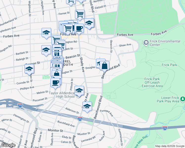 map of restaurants, bars, coffee shops, grocery stores, and more near 6333 Phillips Avenue in Pittsburgh
