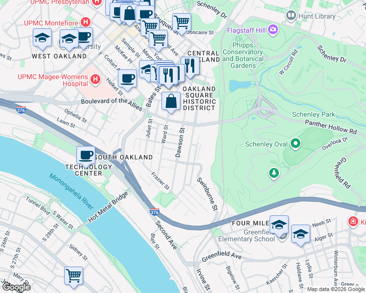 map of restaurants, bars, coffee shops, grocery stores, and more near 3323 Parkview Avenue in Pittsburgh