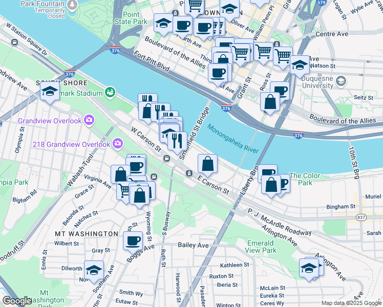 map of restaurants, bars, coffee shops, grocery stores, and more near 108-170 East Station Square Drive in Pittsburgh