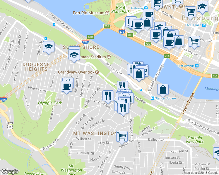 map of restaurants, bars, coffee shops, grocery stores, and more near 129 Kearsarge Street in Pittsburgh