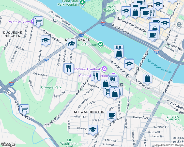 map of restaurants, bars, coffee shops, grocery stores, and more near 157 Bertha Street in Pittsburgh