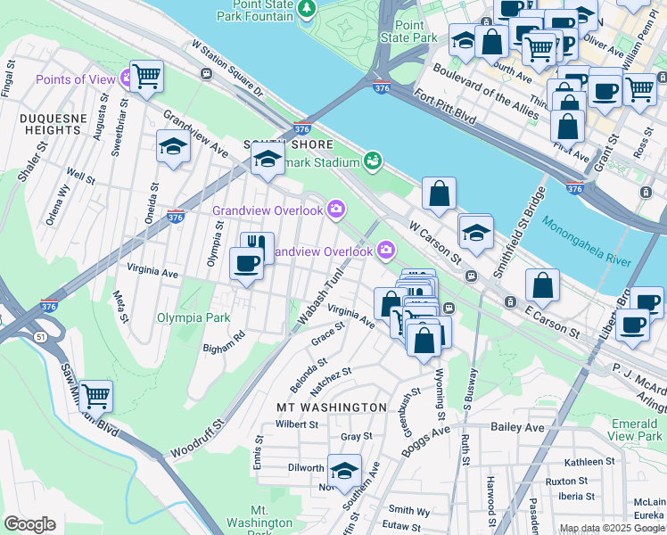 map of restaurants, bars, coffee shops, grocery stores, and more near 157 Bertha Street in Pittsburgh