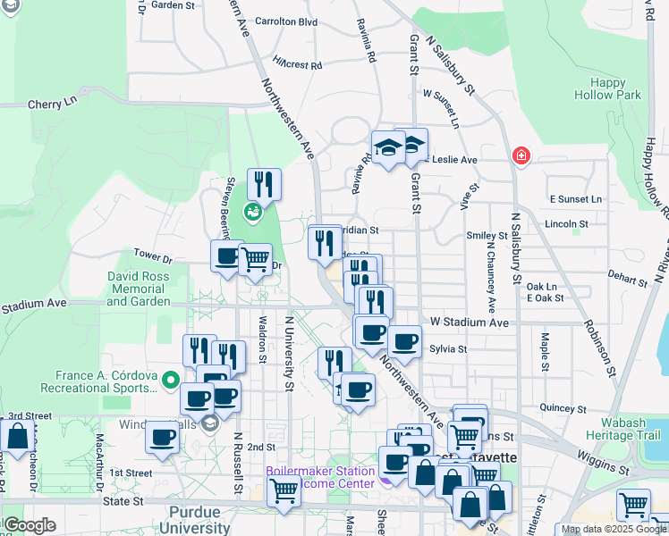 map of restaurants, bars, coffee shops, grocery stores, and more near 720 Evergreen Street in West Lafayette