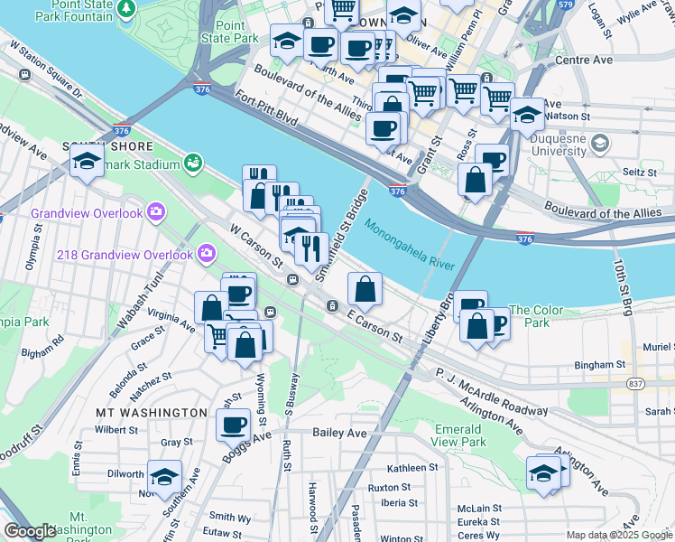 map of restaurants, bars, coffee shops, grocery stores, and more near 108-170 East Station Square Drive in Pittsburgh