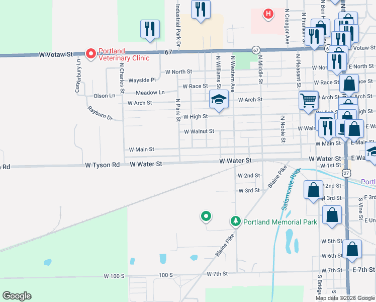 map of restaurants, bars, coffee shops, grocery stores, and more near 101-199 S Park St in Portland