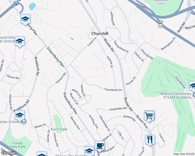 map of restaurants, bars, coffee shops, grocery stores, and more near 3824 Henley Drive in Pittsburgh