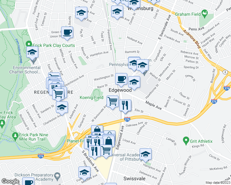 map of restaurants, bars, coffee shops, grocery stores, and more near 114 West Swissvale Avenue in Pittsburgh