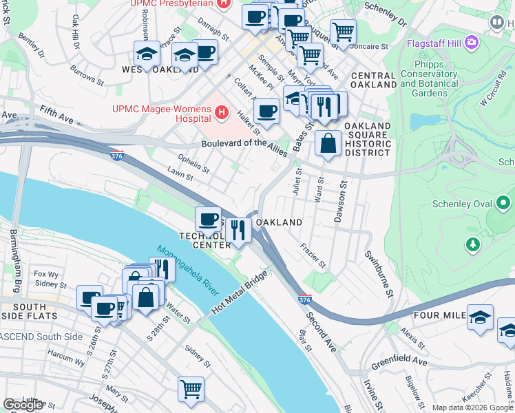 map of restaurants, bars, coffee shops, grocery stores, and more near in Pittsburgh