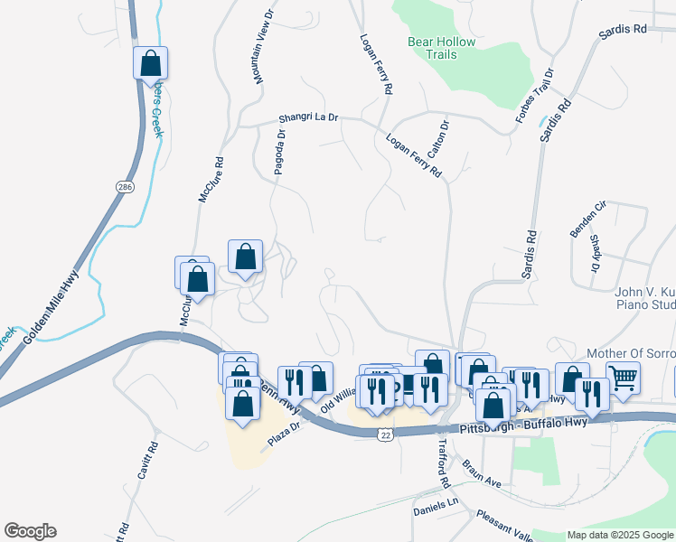 map of restaurants, bars, coffee shops, grocery stores, and more near 126 Crosswinds Lane in Murrysville