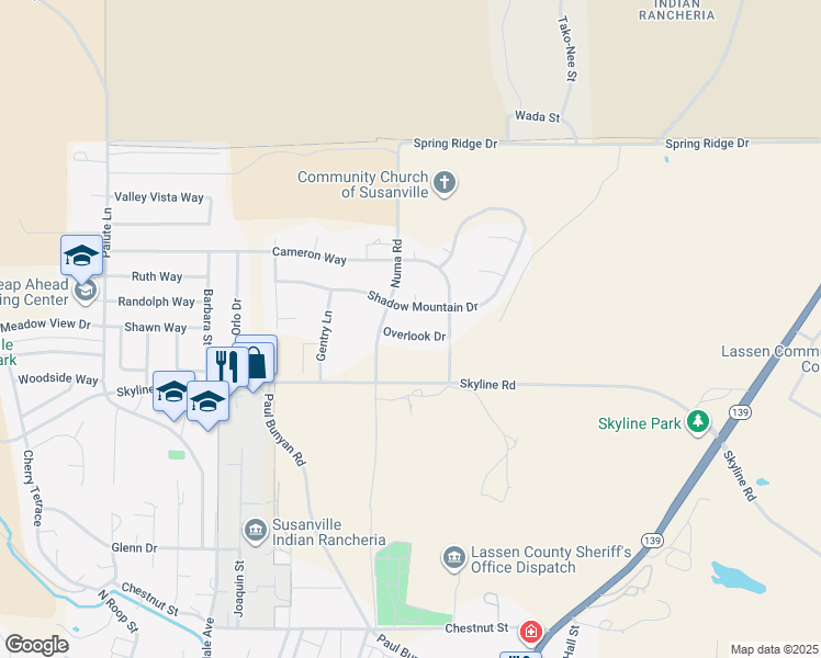 map of restaurants, bars, coffee shops, grocery stores, and more near 1100 Overlook Drive in Susanville