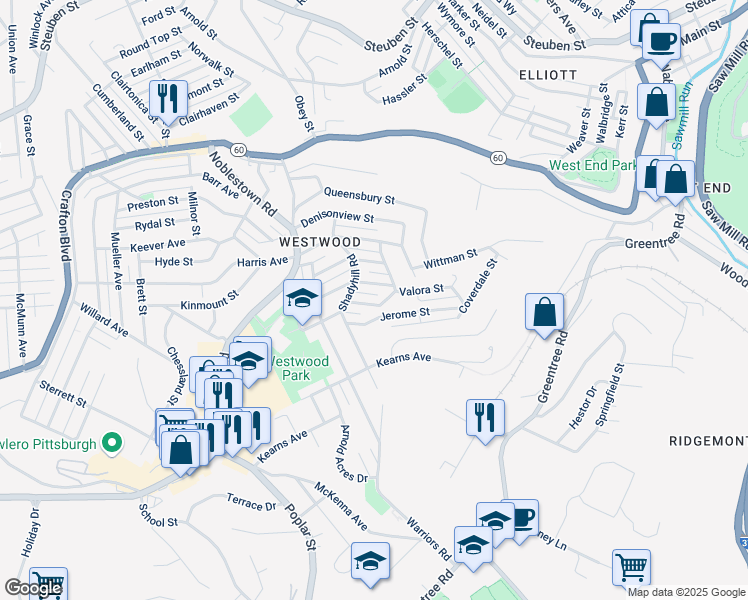 map of restaurants, bars, coffee shops, grocery stores, and more near 1208 Highman Street in Pittsburgh