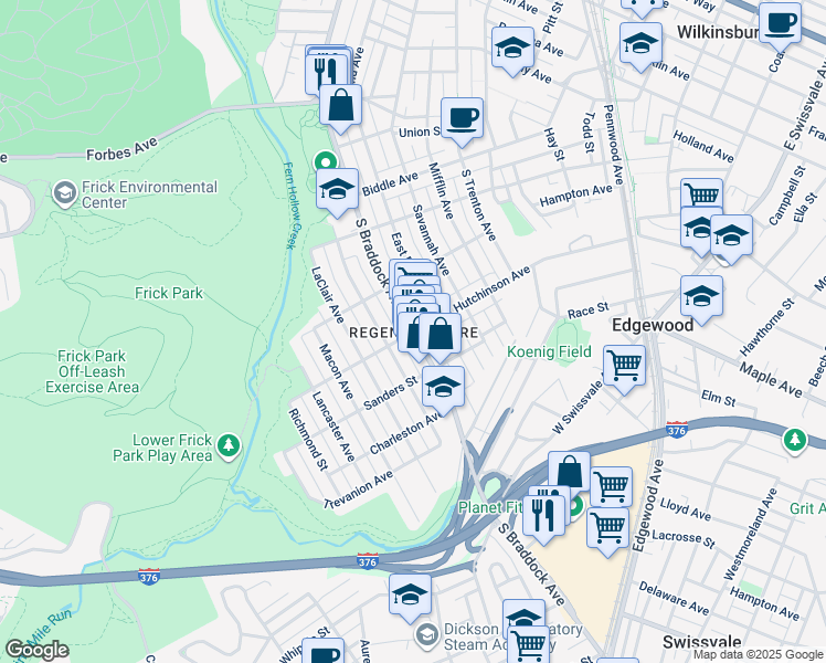 map of restaurants, bars, coffee shops, grocery stores, and more near South Braddock Avenue in Pittsburgh