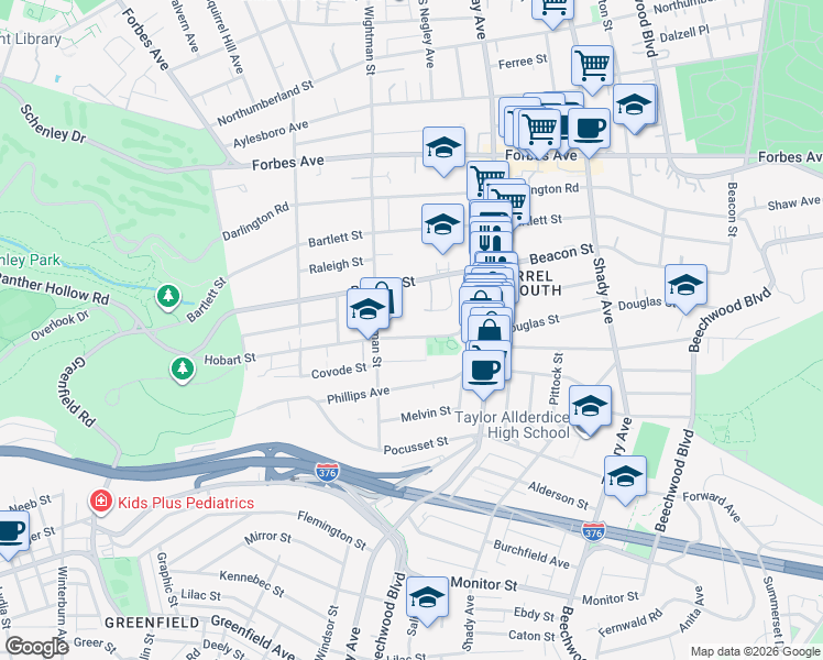 map of restaurants, bars, coffee shops, grocery stores, and more near 5640 Hobart Street in Pittsburgh