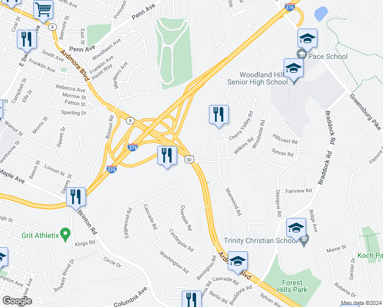 map of restaurants, bars, coffee shops, grocery stores, and more near 2 Bryn Mawr Road in Pittsburgh