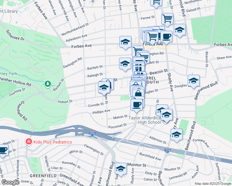 map of restaurants, bars, coffee shops, grocery stores, and more near 5625 Hobart Street in Pittsburgh
