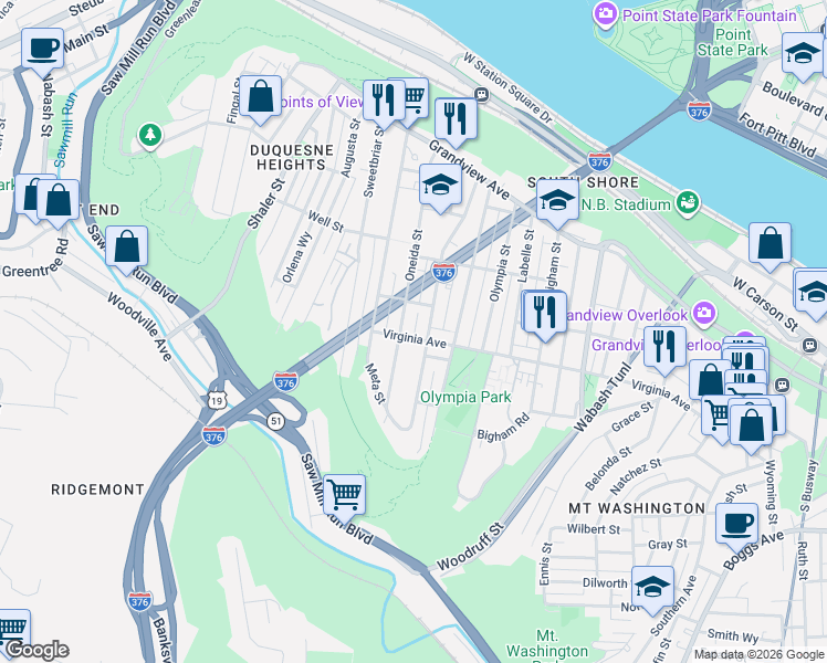 map of restaurants, bars, coffee shops, grocery stores, and more near 409 Oneida Street in Pittsburgh