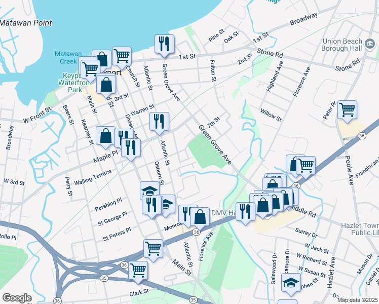 map of restaurants, bars, coffee shops, grocery stores, and more near 6 Hall Place in Keyport