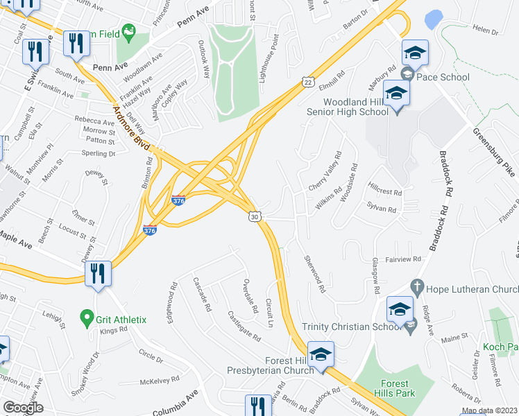 map of restaurants, bars, coffee shops, grocery stores, and more near 7 Bryn Mawr Road in Pittsburgh