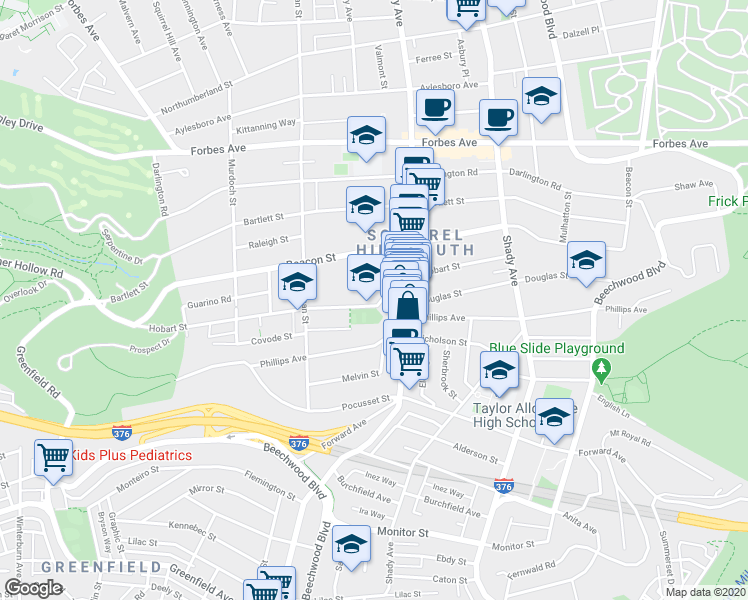 map of restaurants, bars, coffee shops, grocery stores, and more near in Pittsburgh