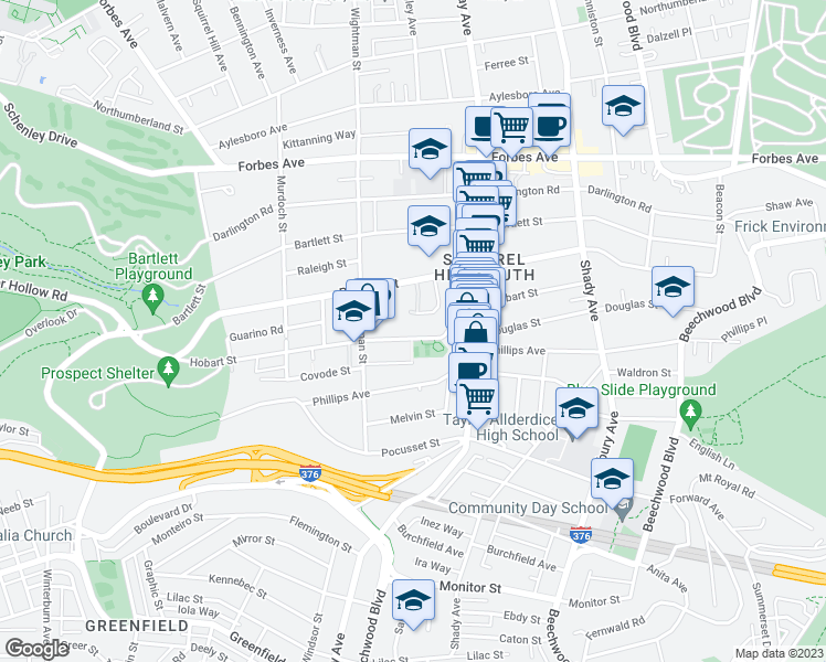 map of restaurants, bars, coffee shops, grocery stores, and more near 5640 Hobart Street in Pittsburgh