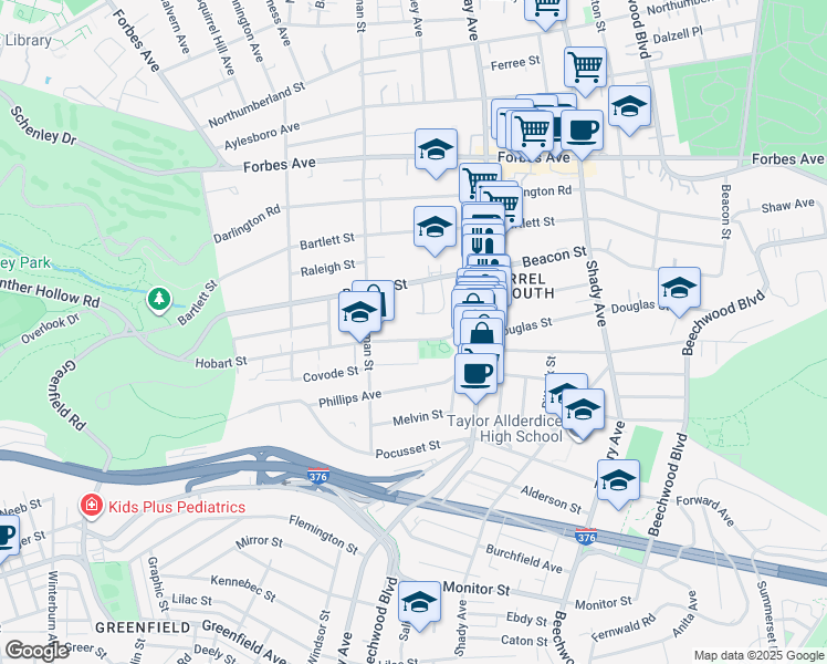 map of restaurants, bars, coffee shops, grocery stores, and more near 5640 Hobart Street in Pittsburgh