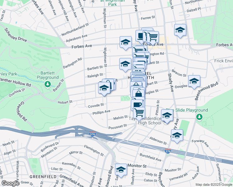 map of restaurants, bars, coffee shops, grocery stores, and more near 5640 Hobart Street in Pittsburgh