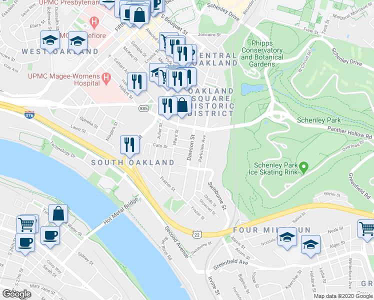 map of restaurants, bars, coffee shops, grocery stores, and more near in Pittsburgh