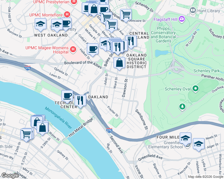 map of restaurants, bars, coffee shops, grocery stores, and more near 3245 Hardie Way in Pittsburgh