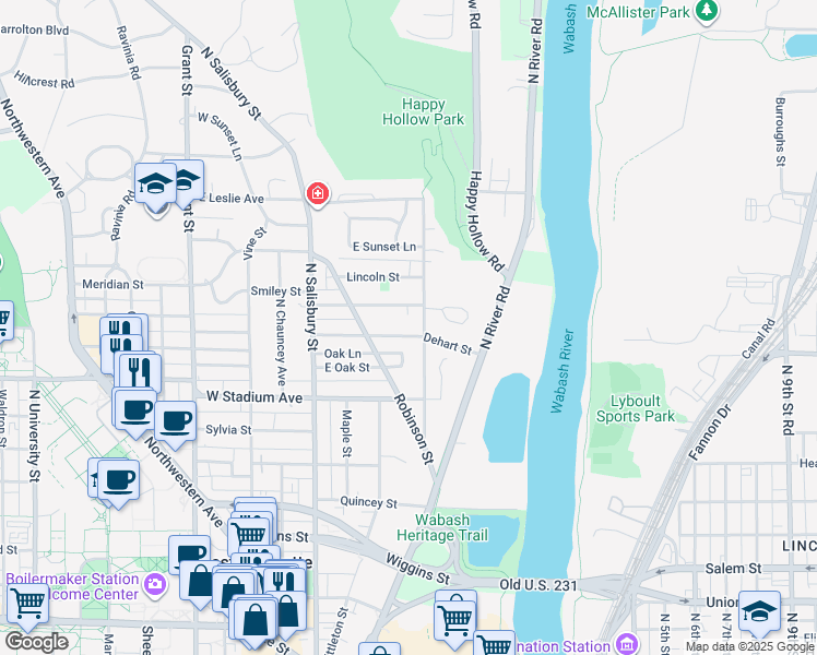 map of restaurants, bars, coffee shops, grocery stores, and more near 603 Oak Lane in West Lafayette